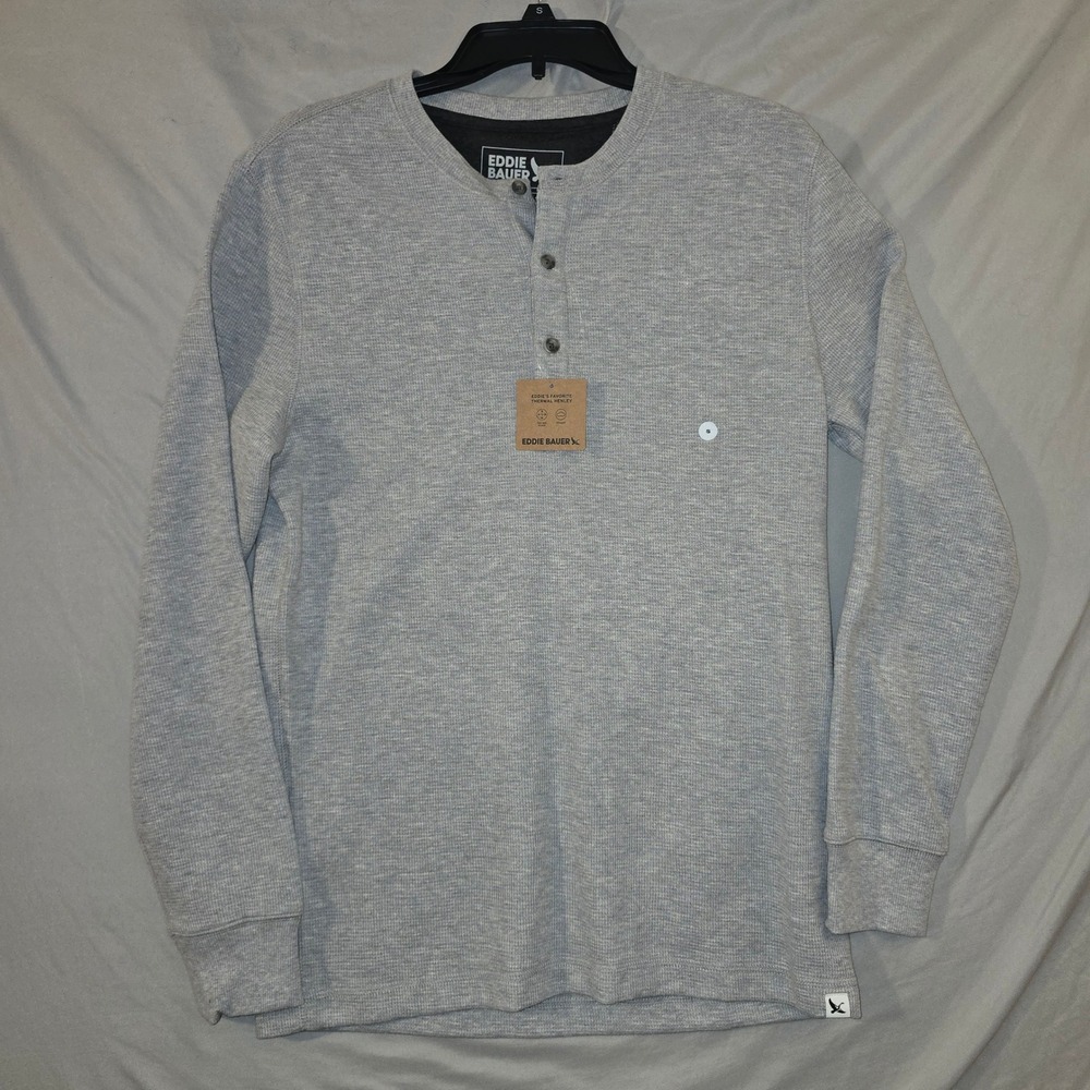 Eddie Bauer Thermal Henley Size S Mens Grey Long Sleeve Waffle Knit Shirt